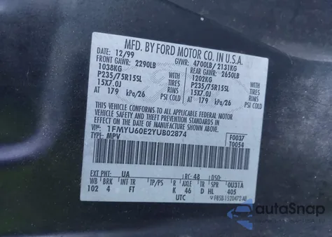 2000 Ford Explorer Sport из США, поврежденный, VIN 1FMYU60E2YUB02874